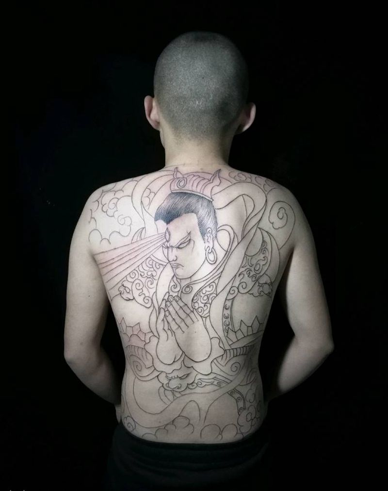 满背二郎神纹身图片_老传统新传统二郎神 黑灰纹身图案