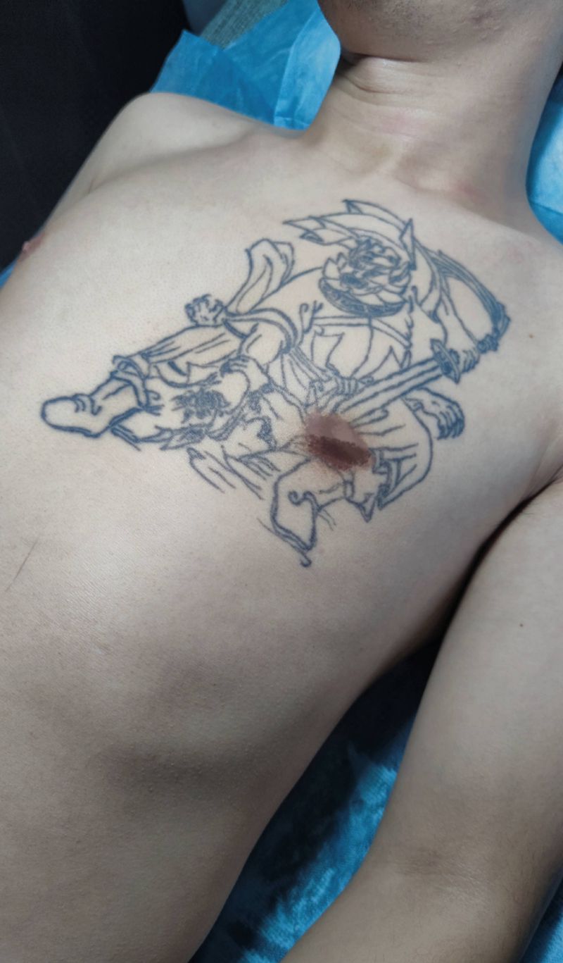 钟馗修改纹身图片_胸部新传统修改黑灰纹身图案