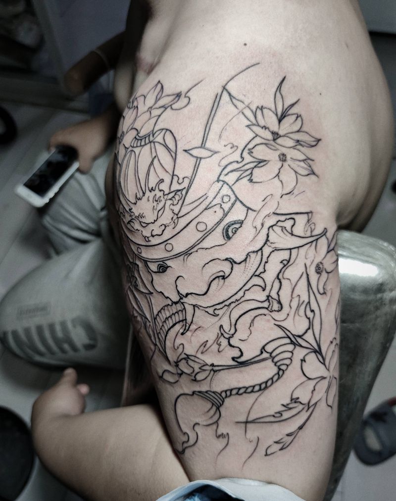 鬼武士纹身图片_手臂新传统黑灰线条纹身图案