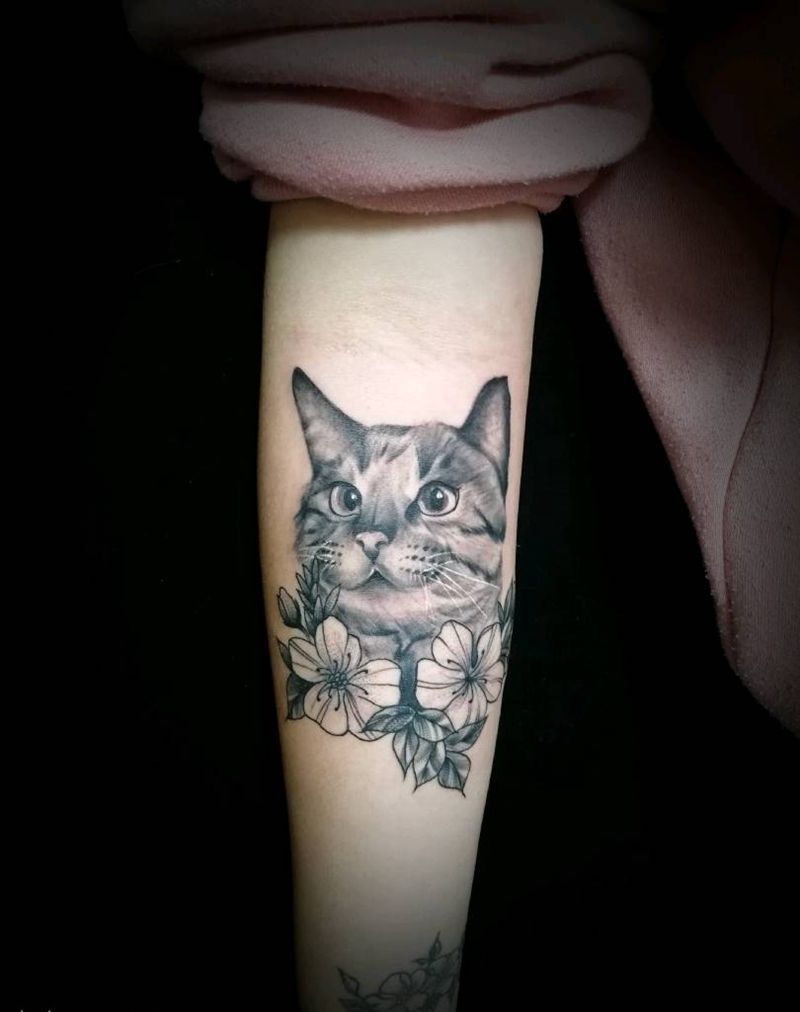 猫纹身图片_手臂腿部欧美写实点刺猫   素描纹身图案