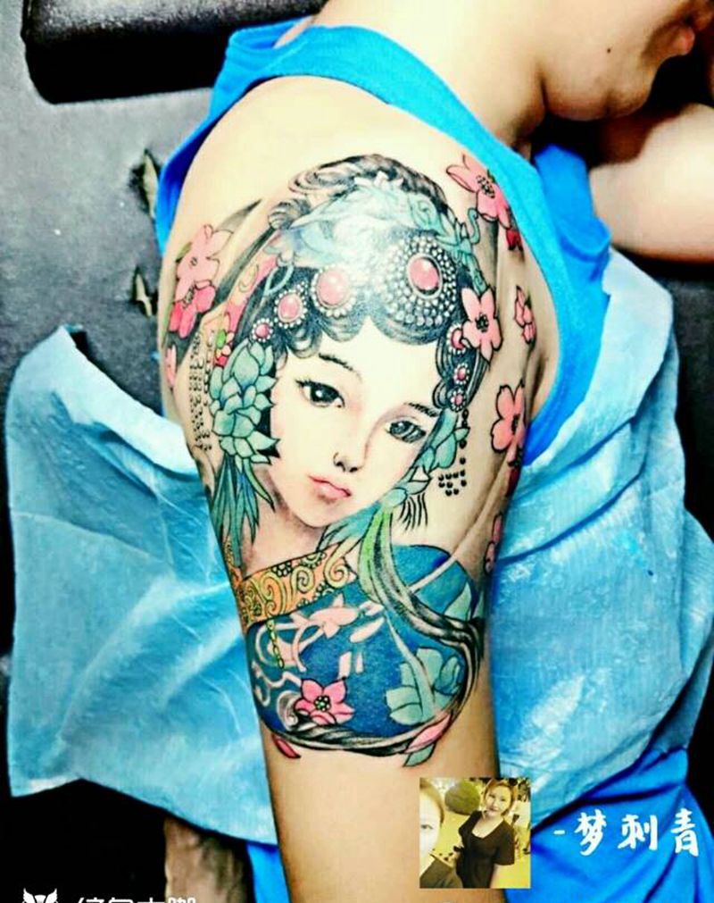 大臂花旦纹身图片_传统习俗肖像清新写实人物静物成品纹身图案