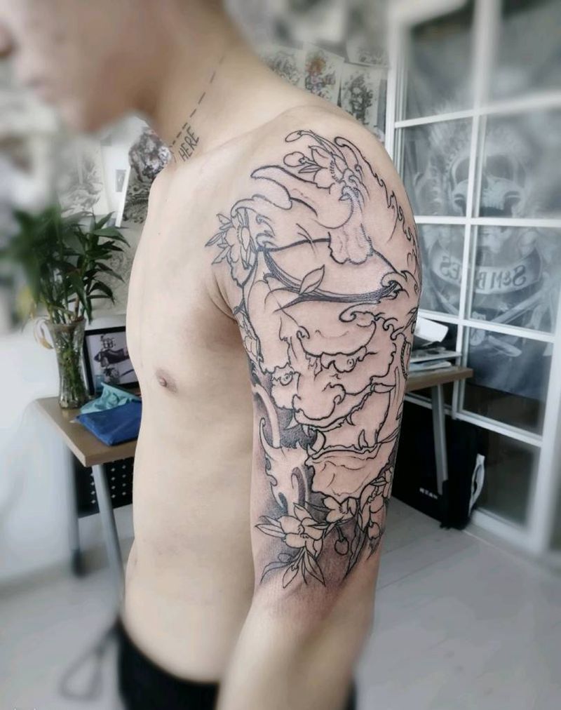 大臂般若纹身图片_手臂腿部新传统纹身图案