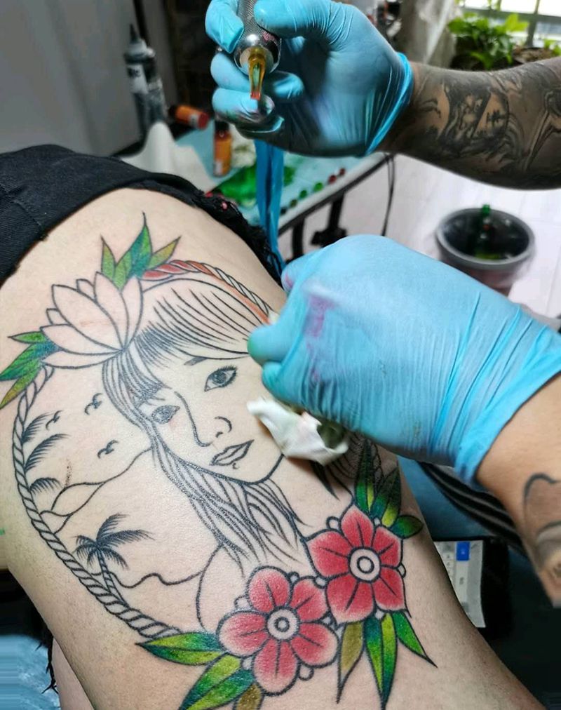 school肖像纹身图片_腿部Old School肖像纹身图案