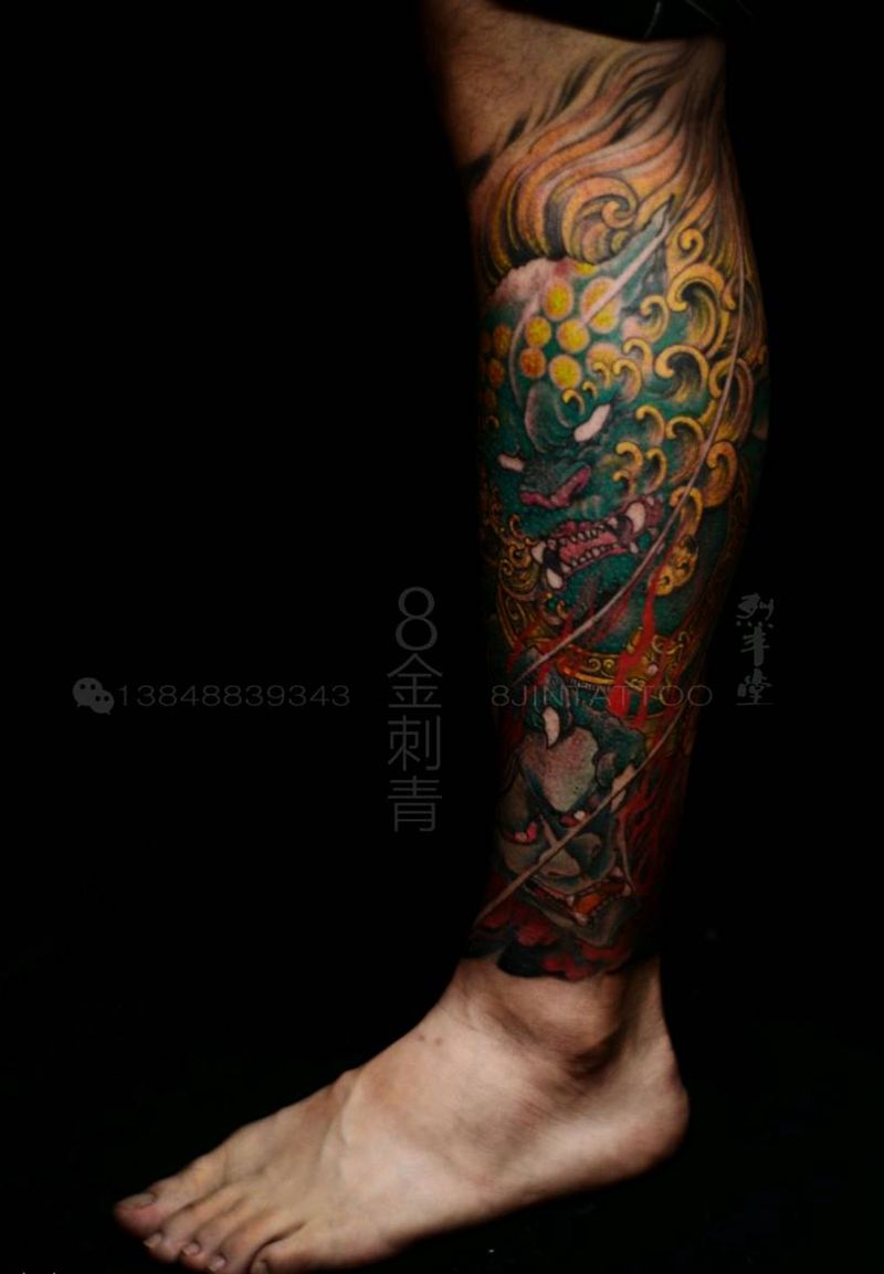 新传统彩色唐狮包小腿纹身图片_腿部传统动物唐狮手稿纹身图案