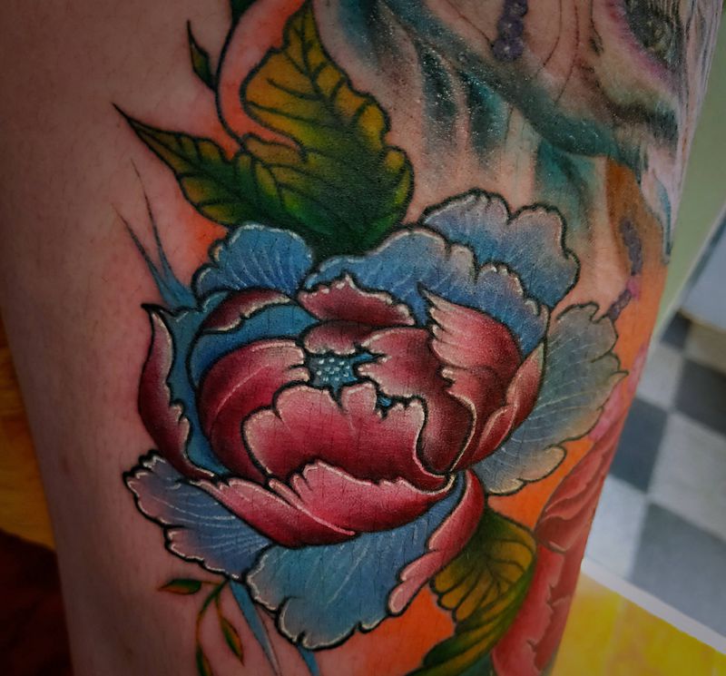 牡丹独角兽纹身图片_腿部New School纹身图案