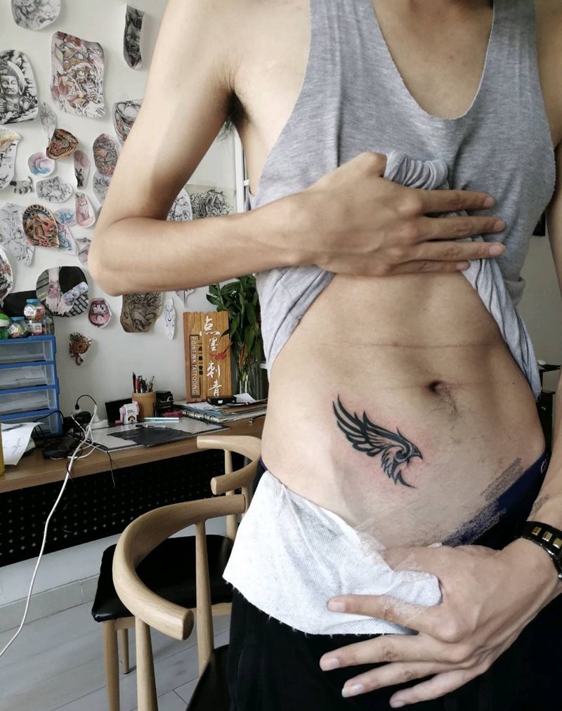 遮盖纹身图片_腹部腰部清新几何图腾成品纹身图案