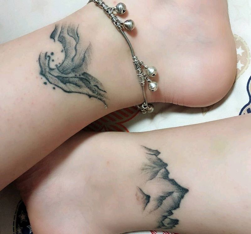 点刺山水纹身图片_腿部脚部清新几何图腾成品纹身图案