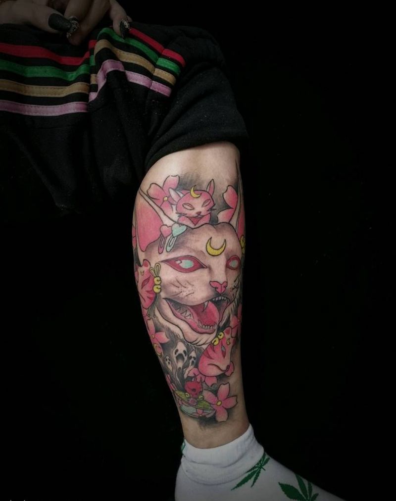 彩色猫纹身图片_腿部手臂New School暗黑 遮盖纹身图案