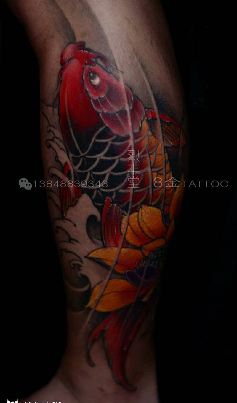 小腿一侧传统彩色锦鲤鱼纹身图片_腿部传统动物鱼手稿纹身图案