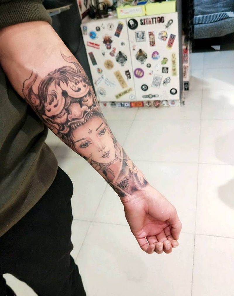 包小臂艺妓纹身图片_手臂新传统纹身图案