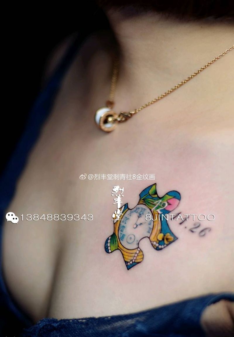 时间拼图纹身图片_胸部欧美原创拼图手稿纹身图案