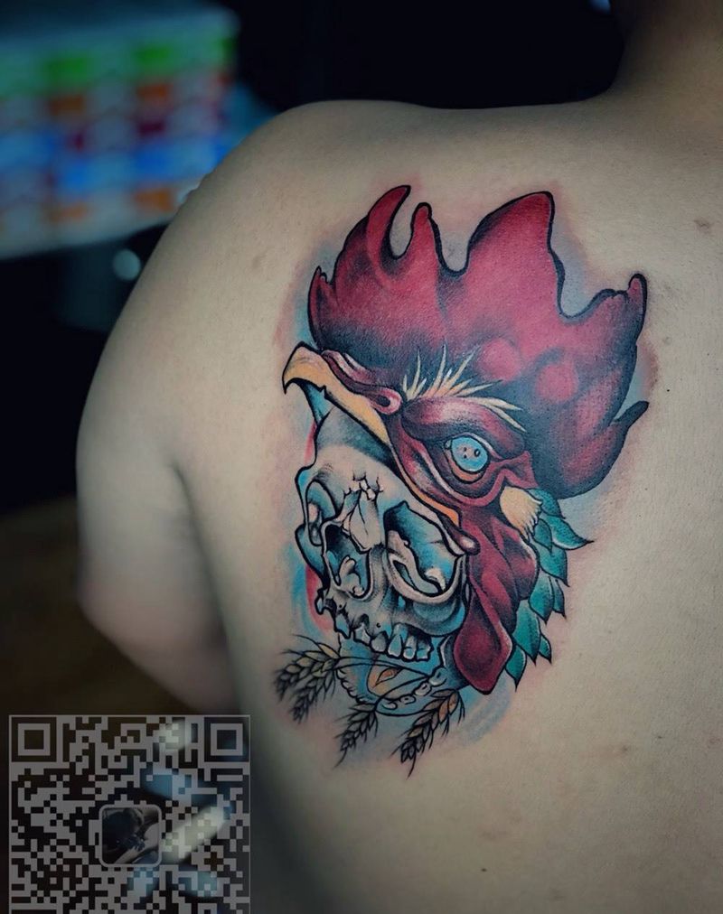 骷髅,公鸡,newschool纹身图片