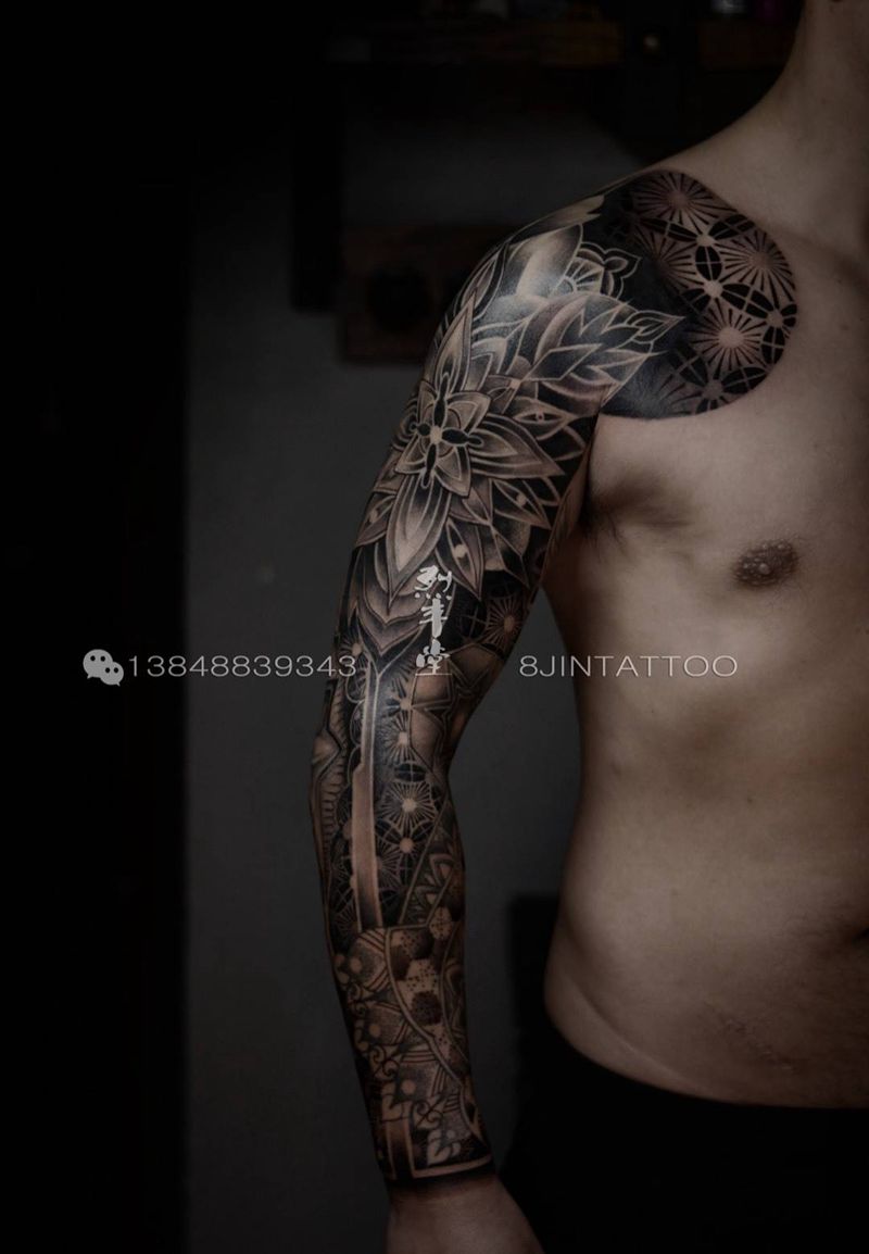 点刺花臂纹身图片_手稿手臂肩部胸部欧美原创点刺纹身图案