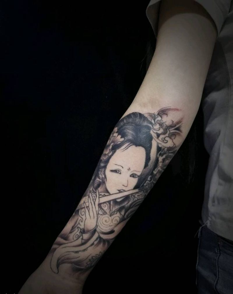 侍女艺妓纹身图片_手臂腿部新传统侍女艺妓彩色纹身图案