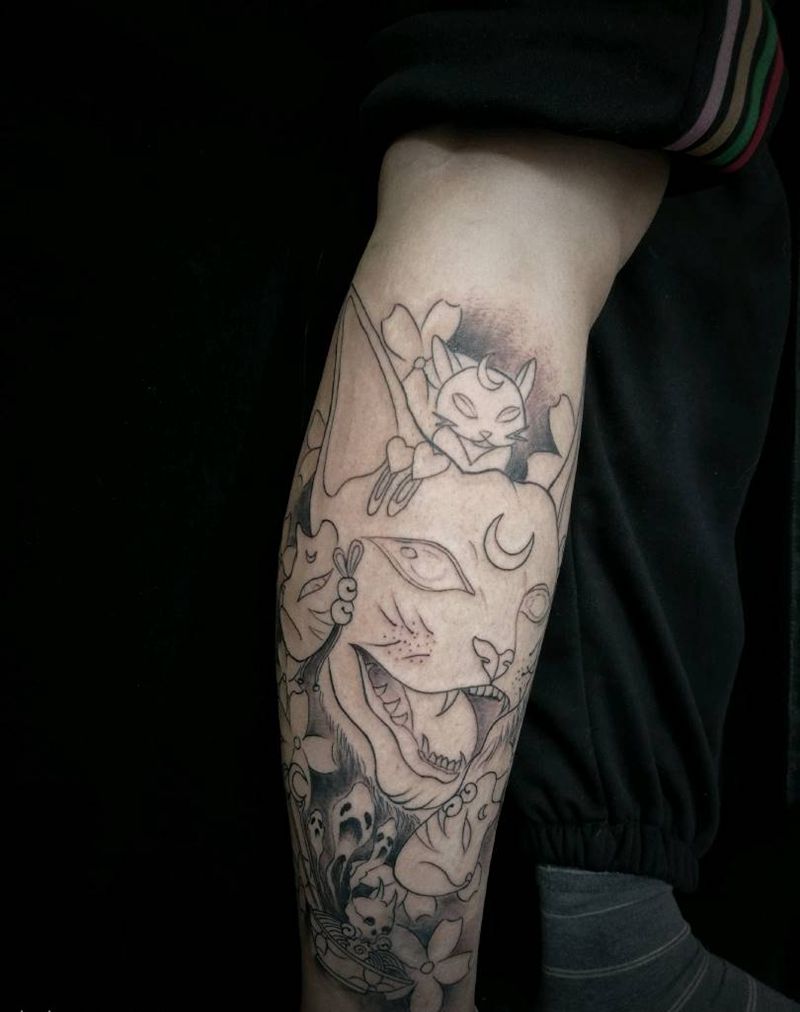 school猫纹身图片_腿部手臂New School水彩遮盖 猫纹身图案