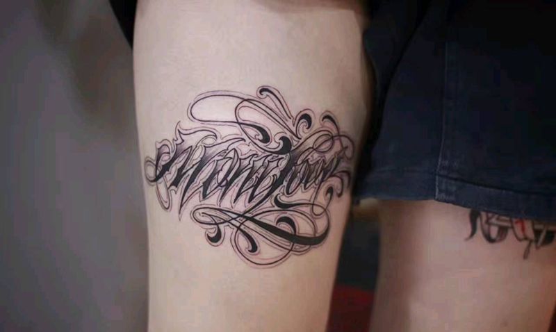 西海岸花体纹身图片_腿部欧美几何字符图腾原创成品纹身图案