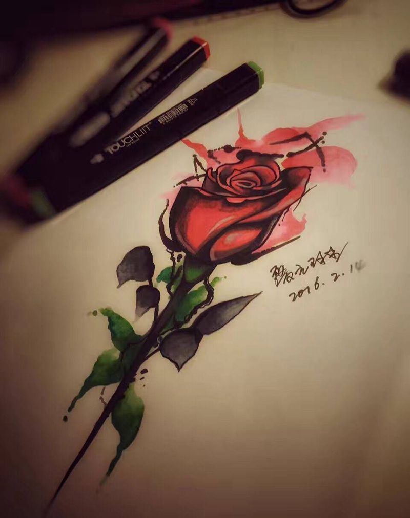 玫瑰，小腿纹身图片