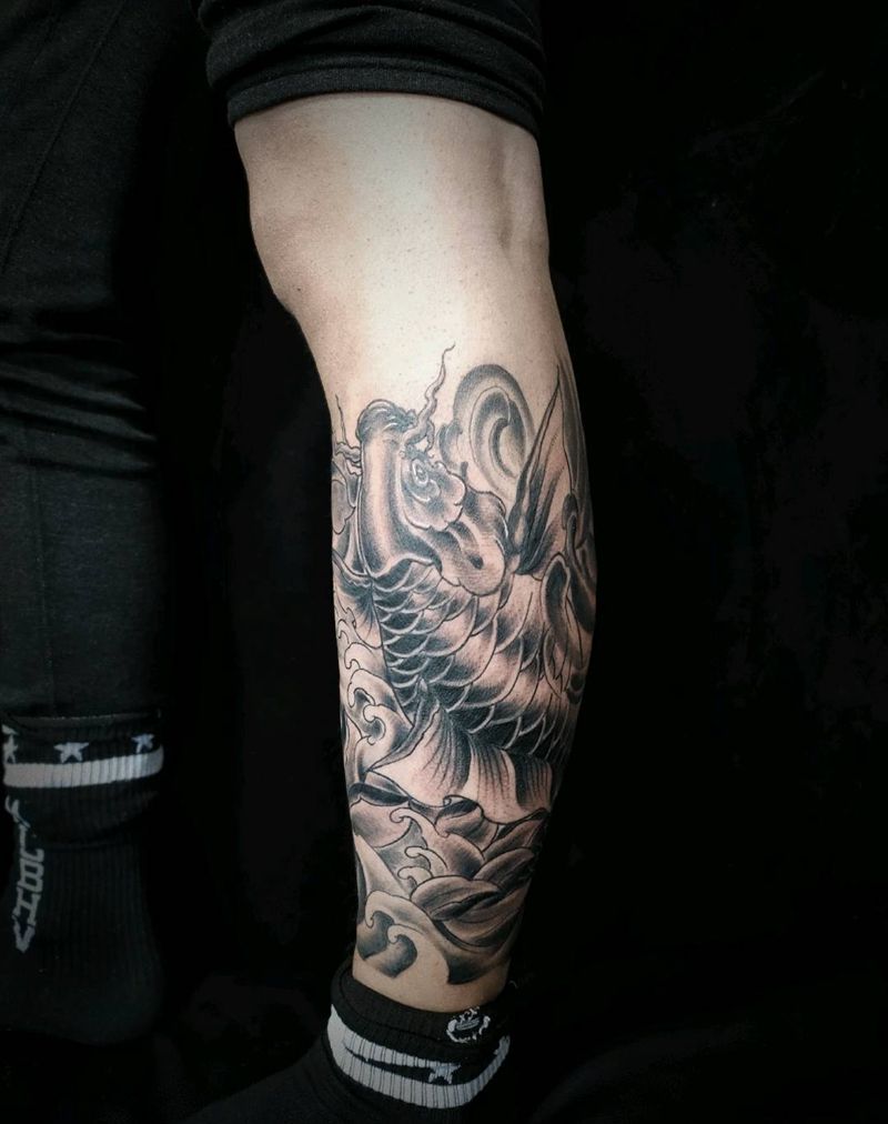 传统鲤鱼包小腿纹身图片_腿部新传统纹身图案