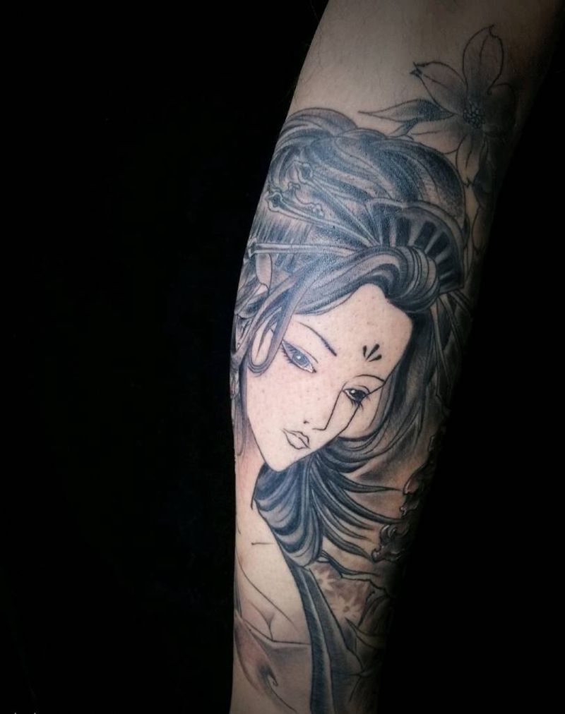 艺妓包小腿纹身图片_手臂腿部新传统艺妓 莲花纹身图案