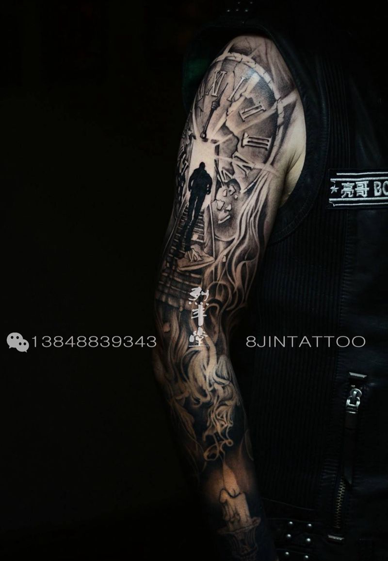 时间都去哪了纹身图片_成品手臂欧美写实原创人物肩部插画纹身图案