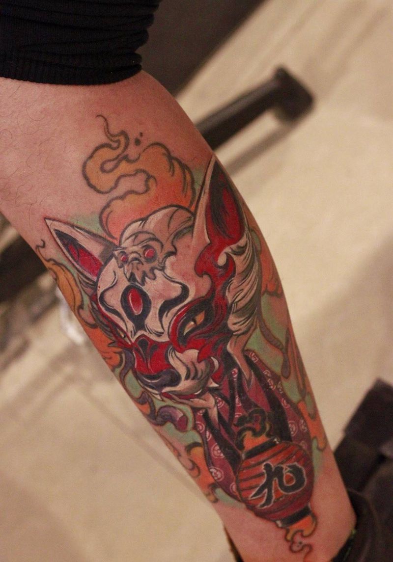 九尾纹身图片_腿部New School纹身图案