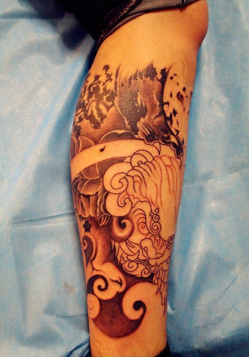 福狮，未完纹身图片