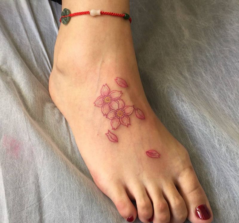 樱纹身图片_成品脚部传统清新动物静物植物纹身图案