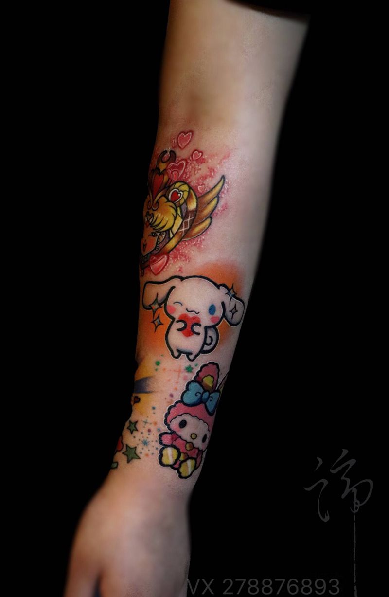 捞月狗纹身图片_手臂水彩小清新纹身图案