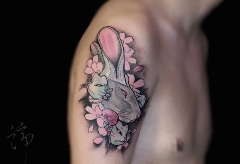 兔子纹身图片_手臂New School兔子纹身图案