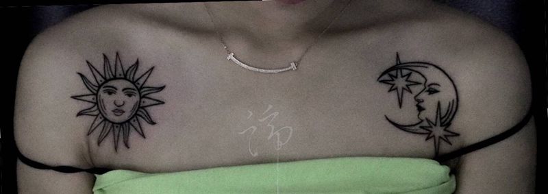 太阳月亮纹身图片_胸部几何太阳纹身图案