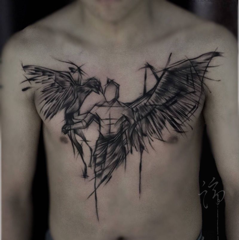 天使纹身图片_胸部几何胸部纹身图案