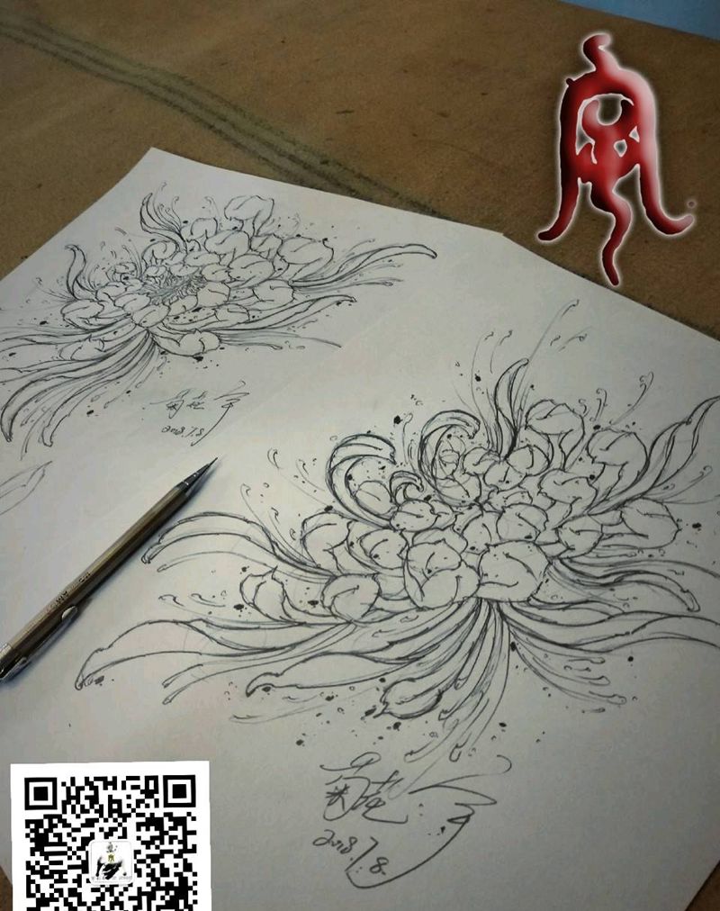 菊花纹身图片_原创宇刺青手稿纹身图案