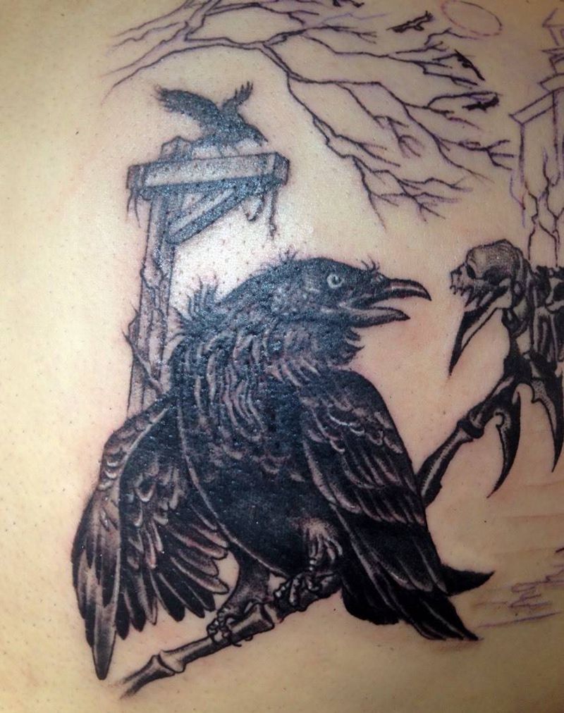 乌鸦镰刀纹身图片_成品背部欧美纹身图案