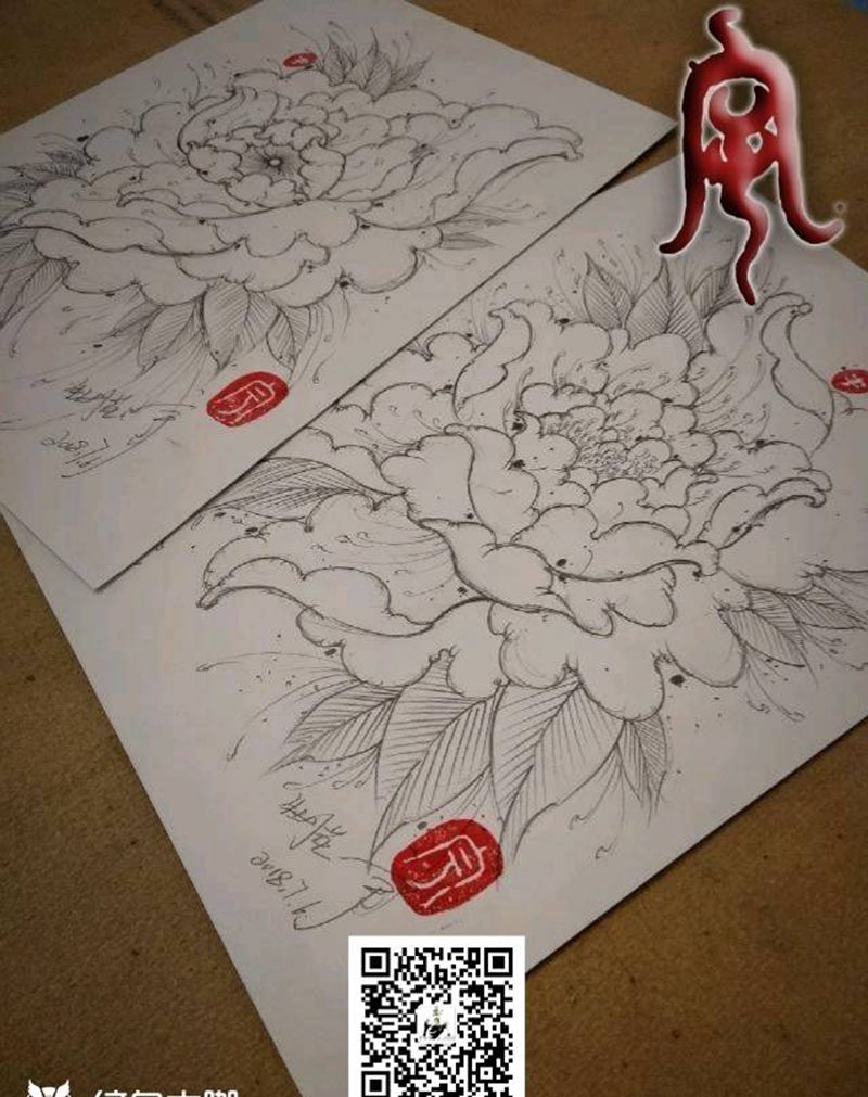 牡丹花纹身图片_原创宇刺青手稿纹身图案