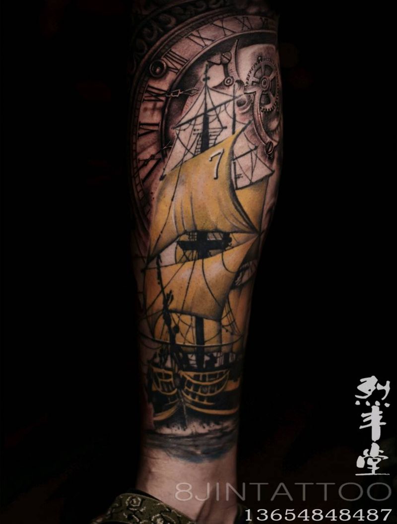 帆船写实包小腿纹身图片_腿部欧美写实包小腿纹身图案