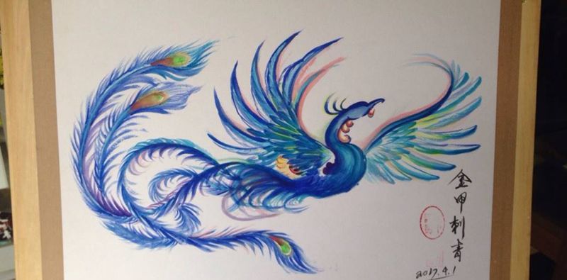 水彩凤纹身图片_手稿背部清新纹身图案