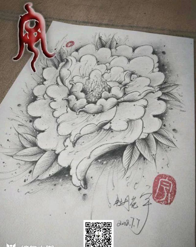 牡丹花纹身图片_原创宇刺青手稿纹身图案