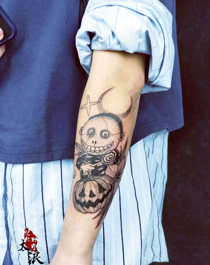 万圣节纹身图片_手臂点刺纹身图案