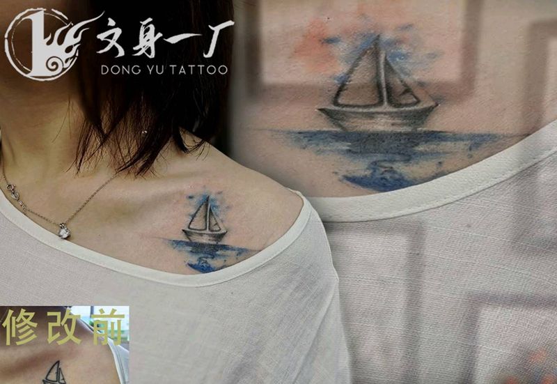 小帆船纹身图片_水墨纹身图案