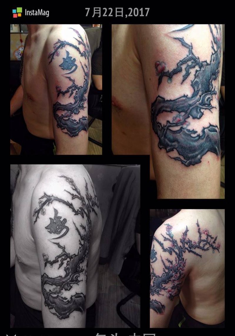 梅纹身图片_手臂传统国画植物成品纹身图案