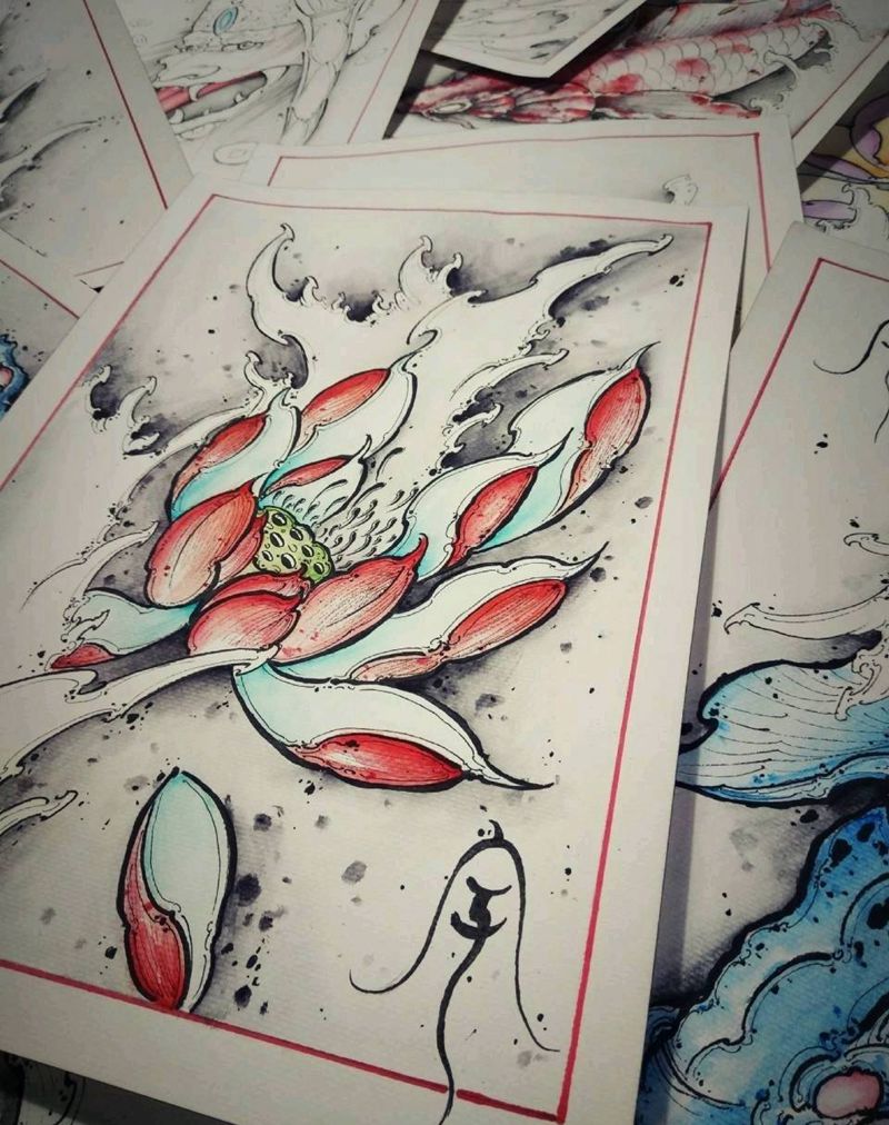 荷花纹身图片_宇刺青手稿纹身图案