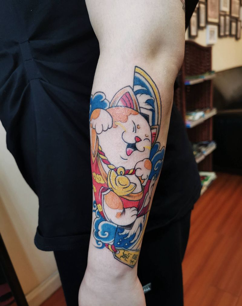 招财猫纹身图片_手臂New School纹身图案