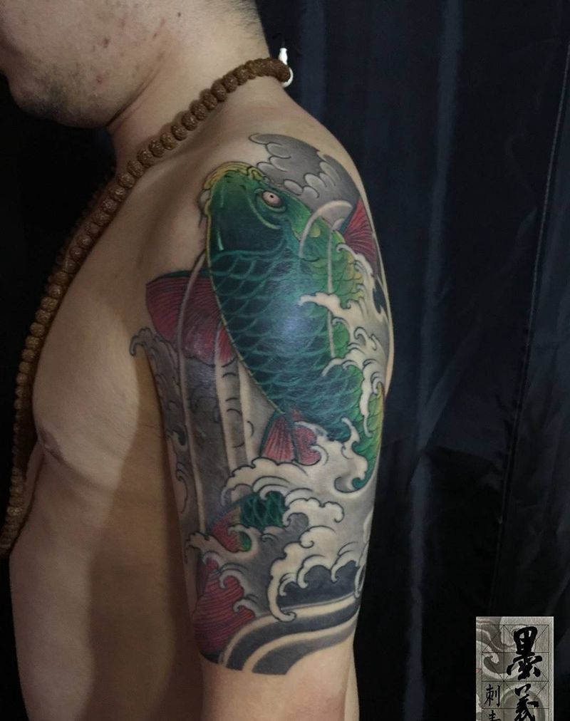 绿鲤纹身图片_成品手稿手部手臂清新传统国画动物纹身图案