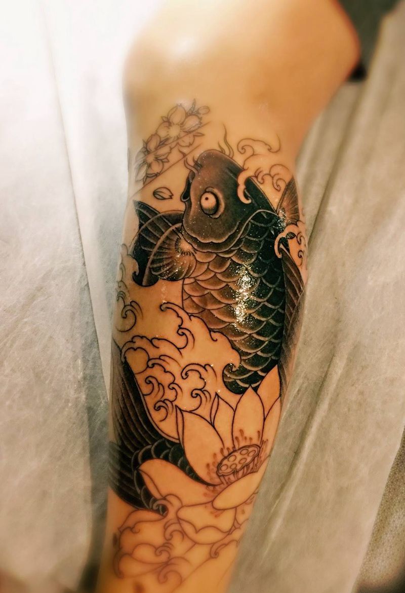 鲤鱼未完成纹身图片_传统手部背部肩部手稿插画成品颈部腰部纹身图案