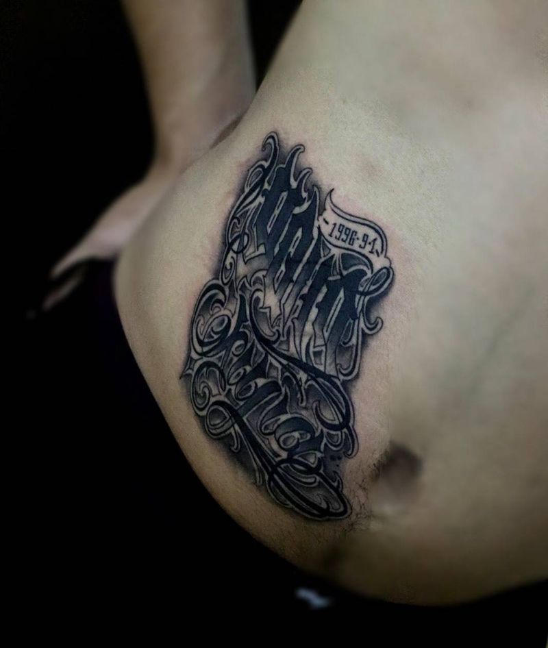 花体字纹身图片_腰部花体字花体字纹身图案