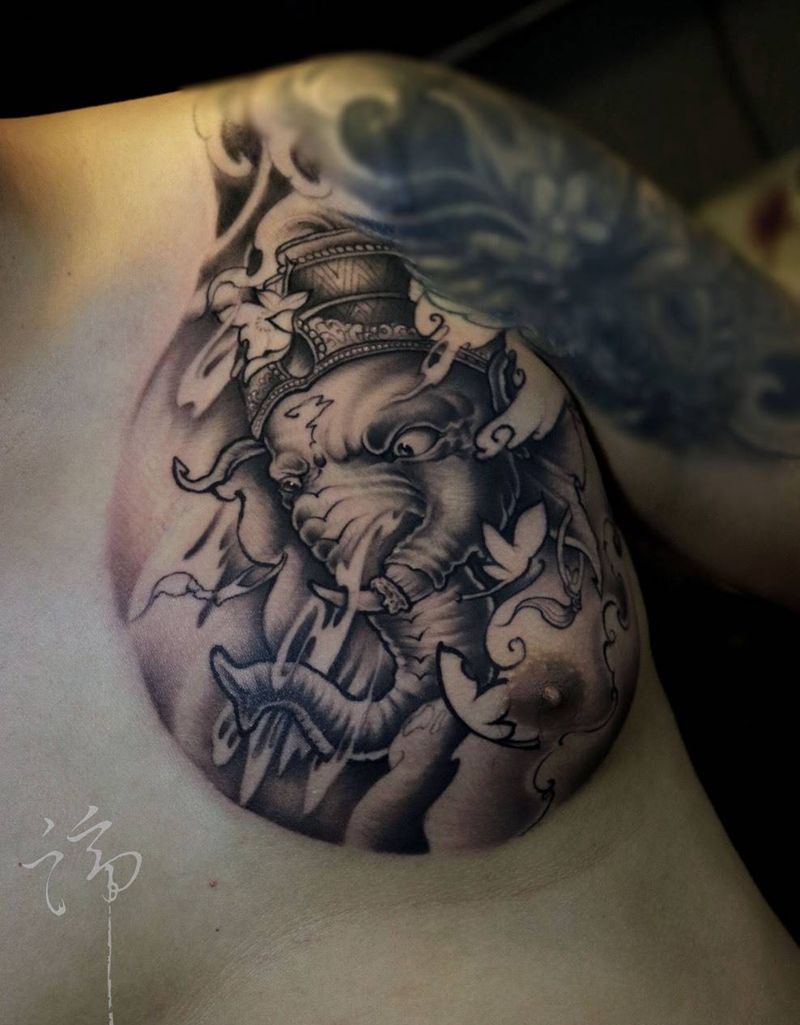 象神纹身图片_胸部臀部老传统新传统象神 半甲纹身图案