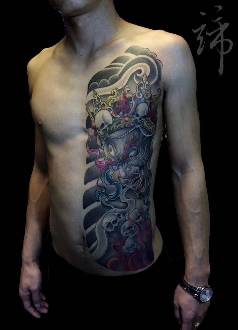 大黑天纹身图片_成品腹部腰部胸部背部传统人物鬼神宗教纹身图案