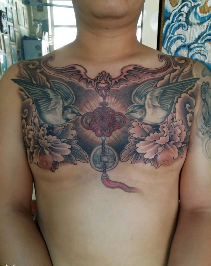 福燕花胸纹身图片_胸部传统国画原创花胸手稿纹身图案