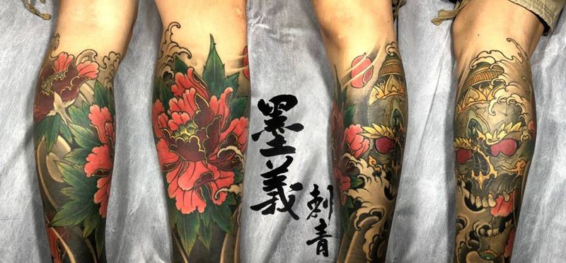 嘎巴拉纹身图片_手部腿部水墨New School牡丹花骷髅嘎巴拉纹身图案