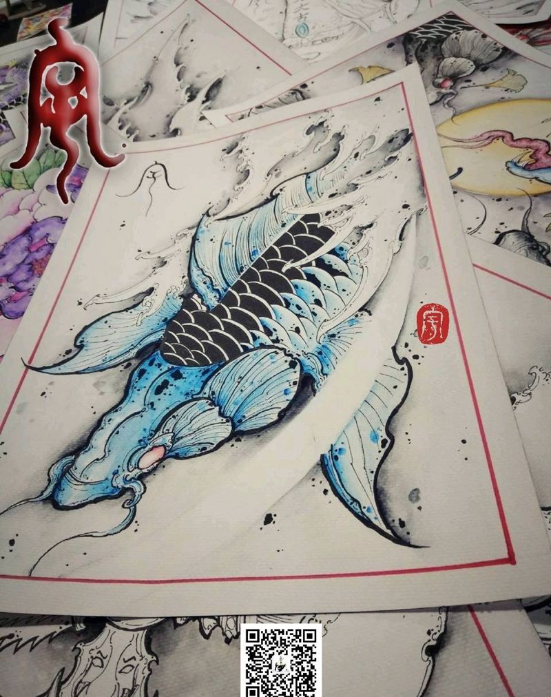 锦鲤纹身图片_原创宇刺青手稿纹身图案